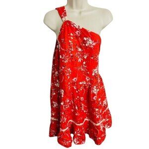 Free People Women Crimson Floral Off Shoulder, Ruffle Hem Vacay Boho Dress Sz M